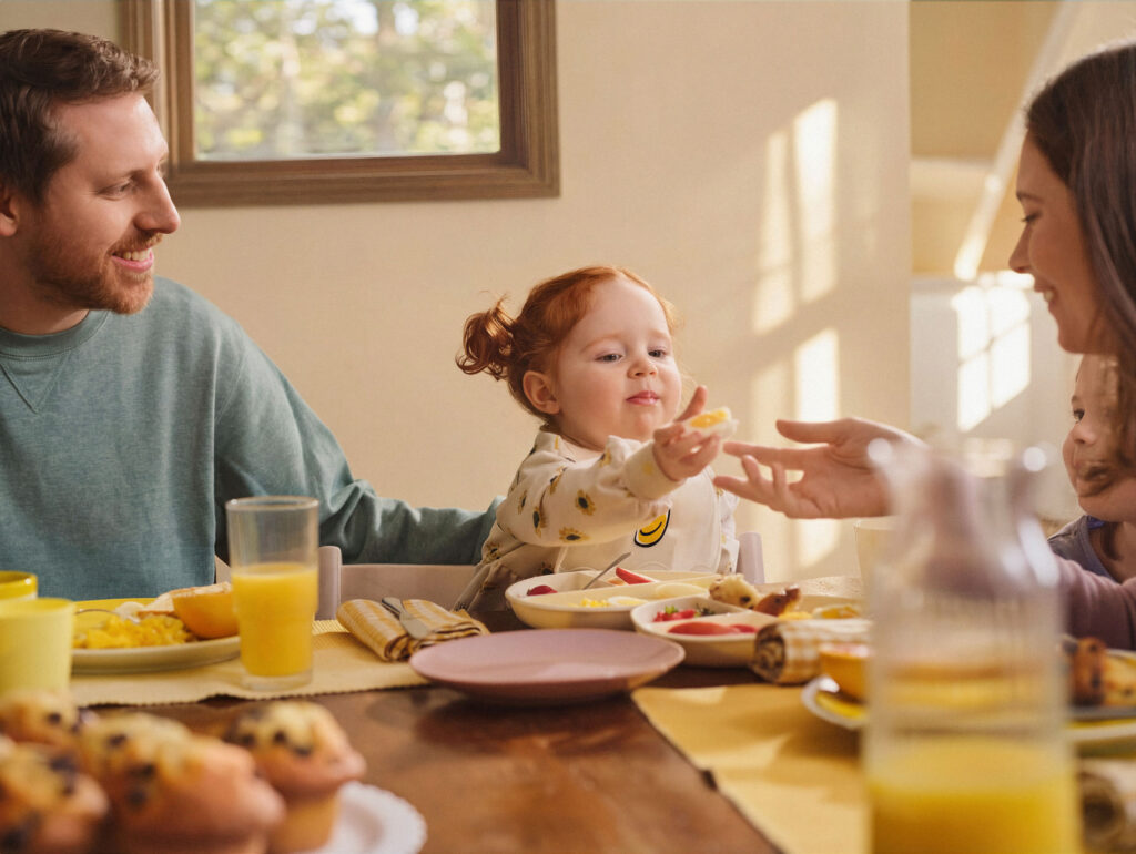 Young girl eating eggs at the table with parents for choline.