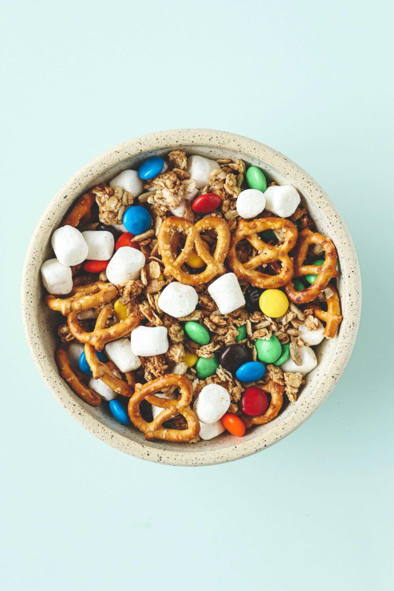 a bowl of cereal and pretzels