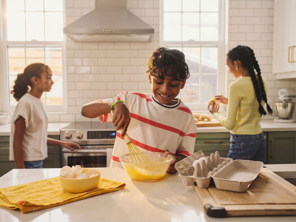 Kids in the kitchen making eggs.