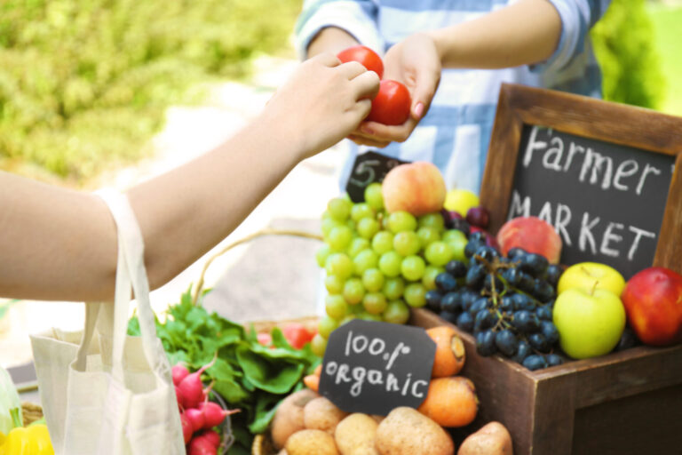 A person buying fresh produce from a vendor at a farmers market, surrounded by grapes, carrots, potatoes, radishes, and apples. One chalkboard sign says "Farmer Market" and another says "100% organic."