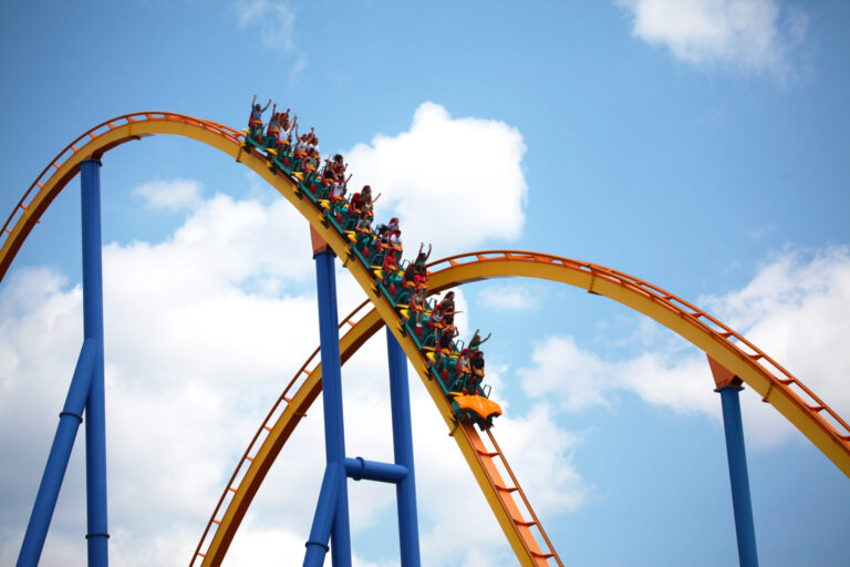 People on a rollercoaster at Canada's Wonderland, a famous Toronto attraction.