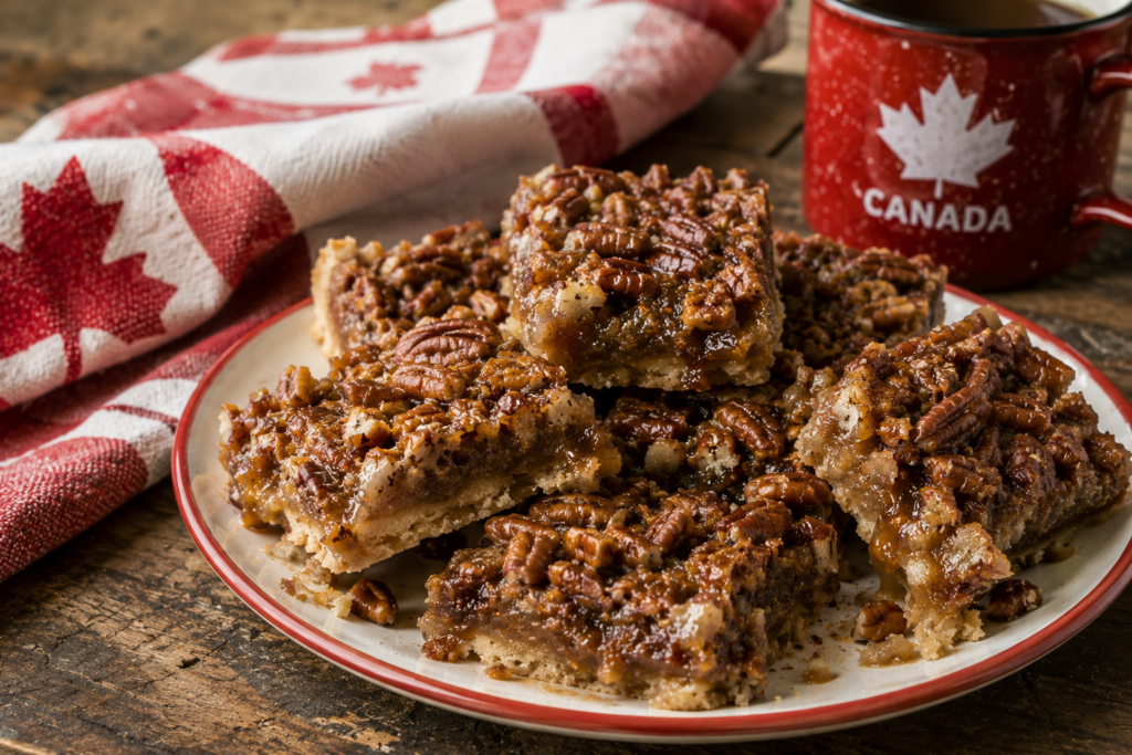 Pecan butter tart squares on a red and white plate, with a Canadian mug and tea towel in the background