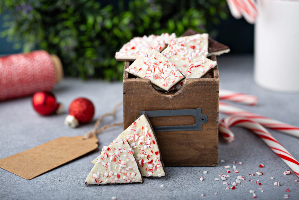 White chocolate bark with candy cane topping