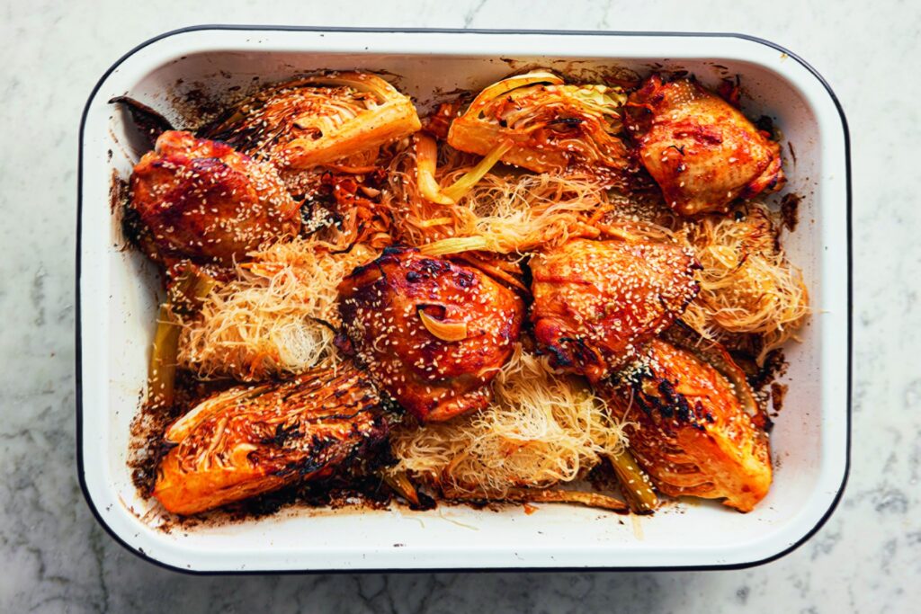 Plate of gochujan chicken noodle bake from Simply Jamie cookbook