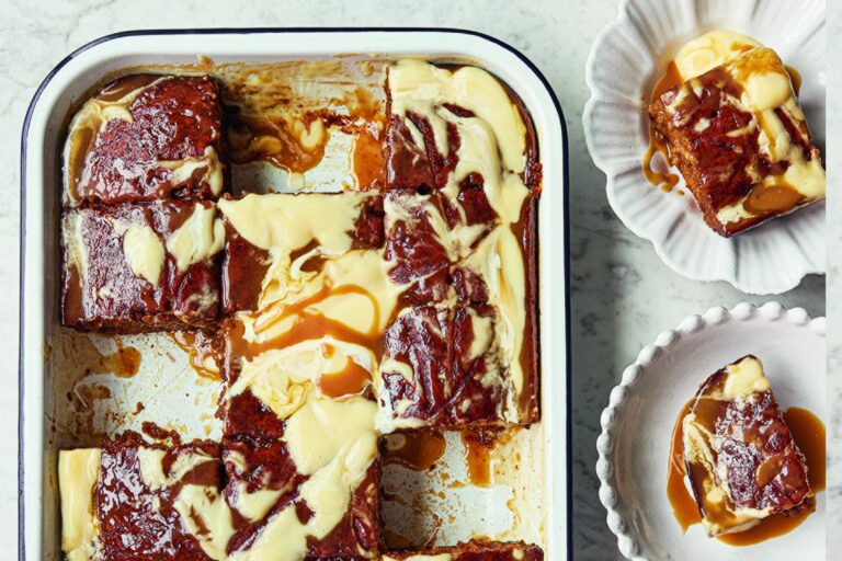 A baking tray with swirled, delicious sticky toffee pudding