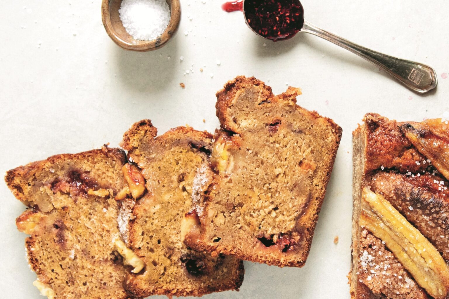 A sliced loaf of PB&J Banana Bread