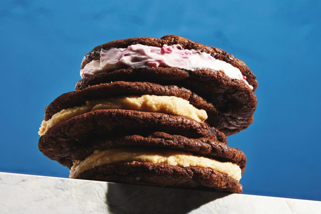 A stack of fudgey chocolate cookie sandwiches