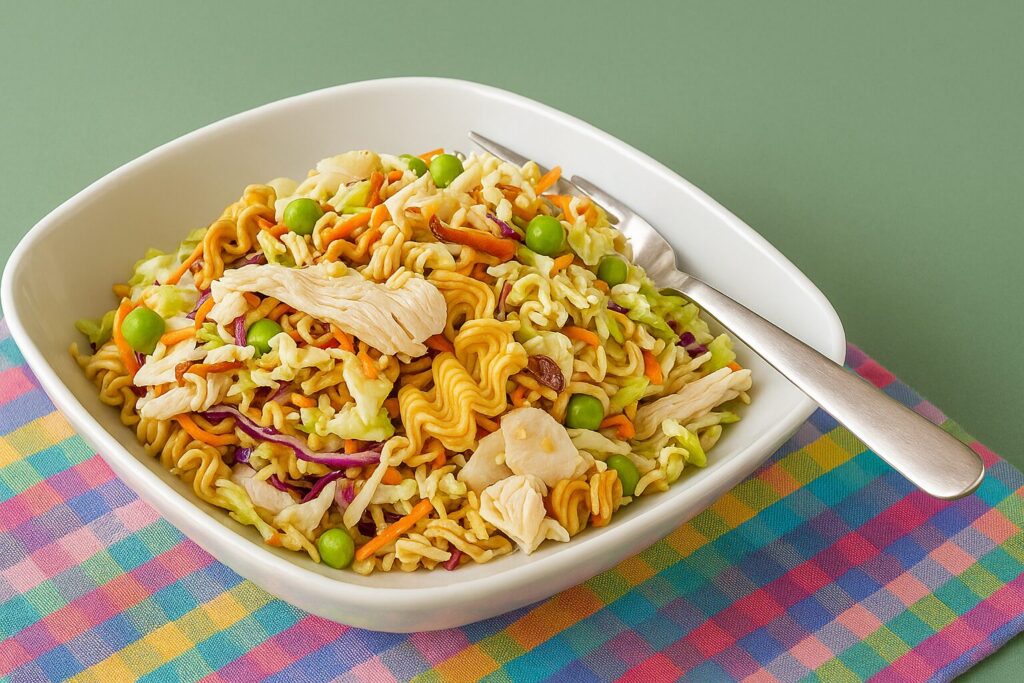 Leftover Turkey Noodle Salad, with a green background and colourful napkin