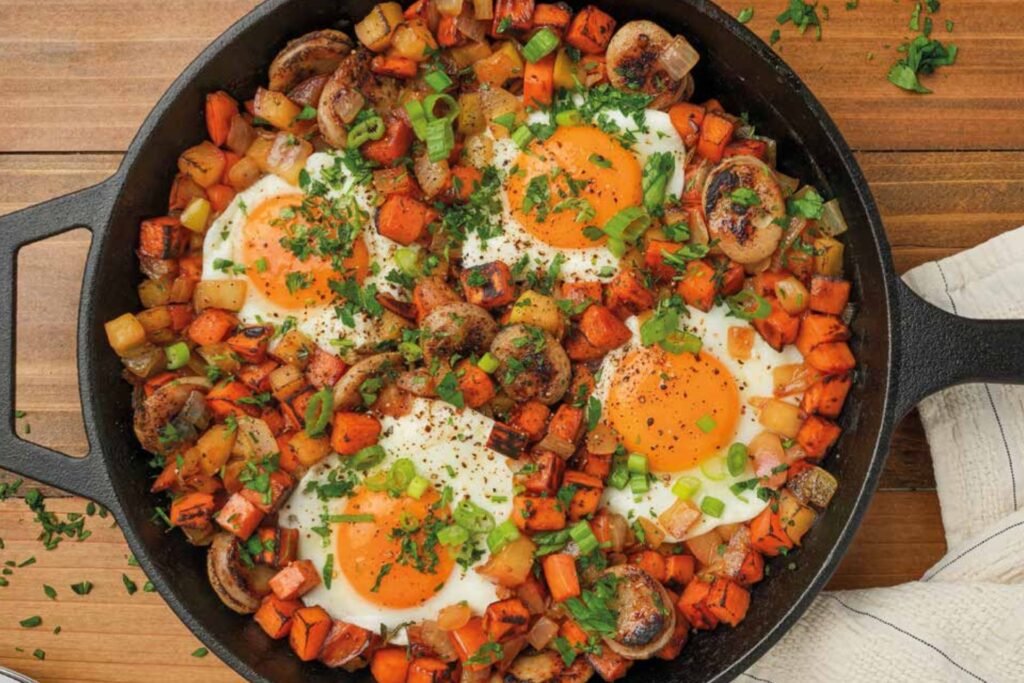 Skillet breakfast of apple, sweet potato and sausage