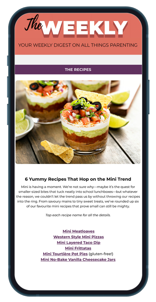Screenshot of a Parents Canada Weekly Newsletter on a mobile device