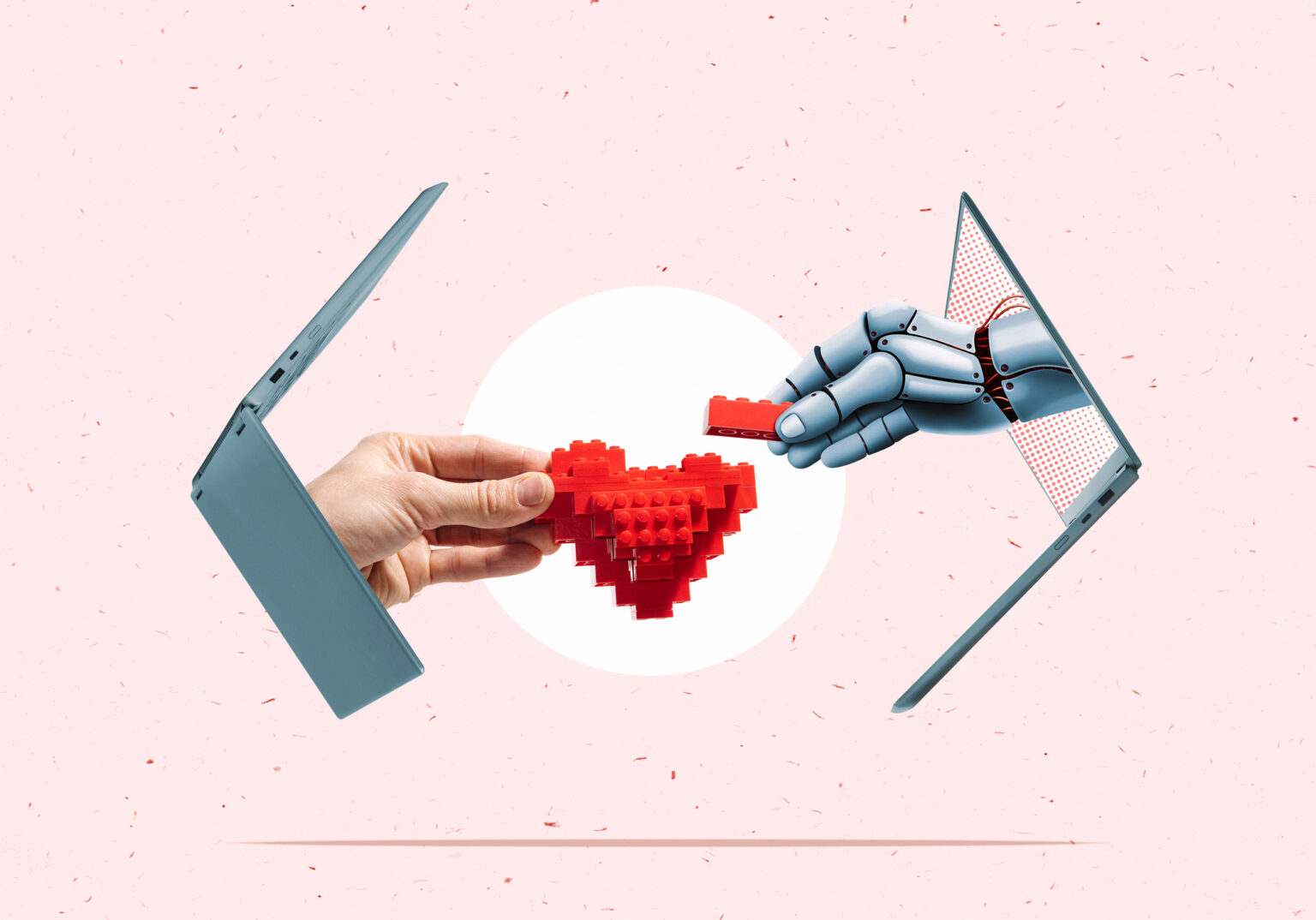 How to use AI to help your relationship, illustrated by robotic hands and human hands building a heart together