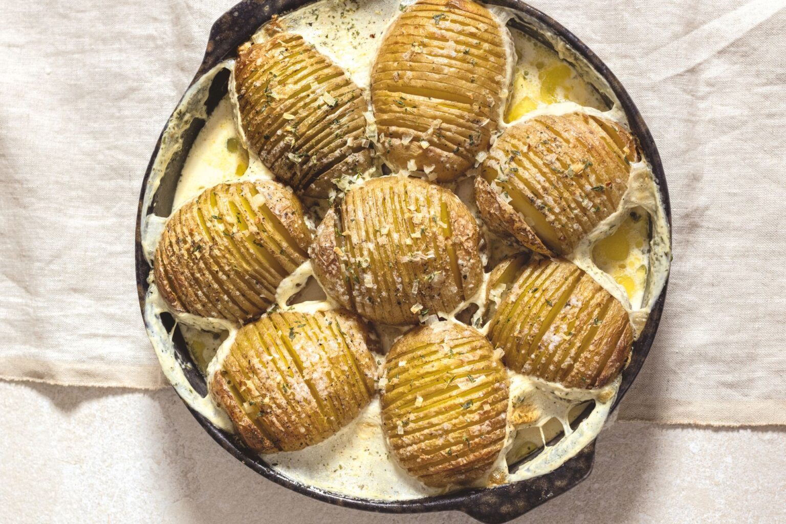 Baking dish of hasselback potato gratin