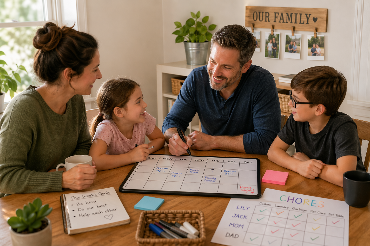 Family sitting around the kitchen table for "family admin time"