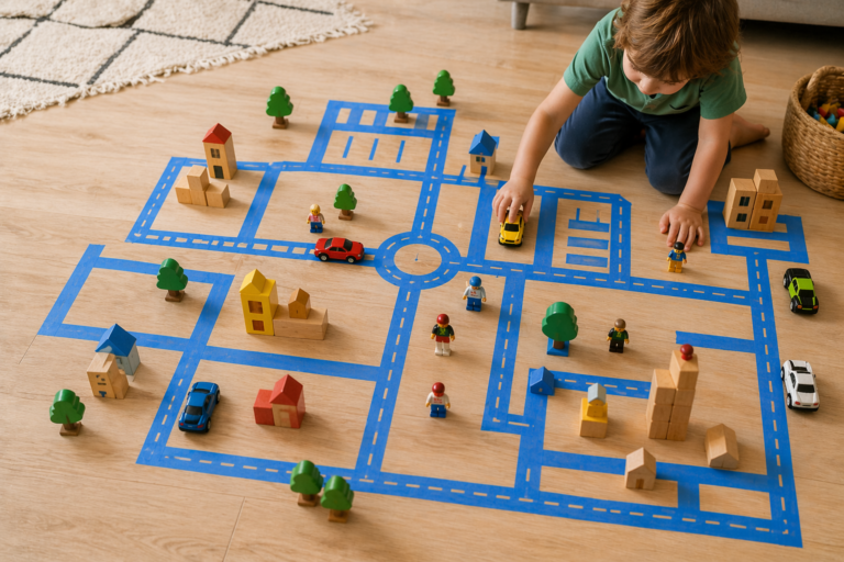 Blue painter's tape "tape town" for a toddler, with blocks and cars