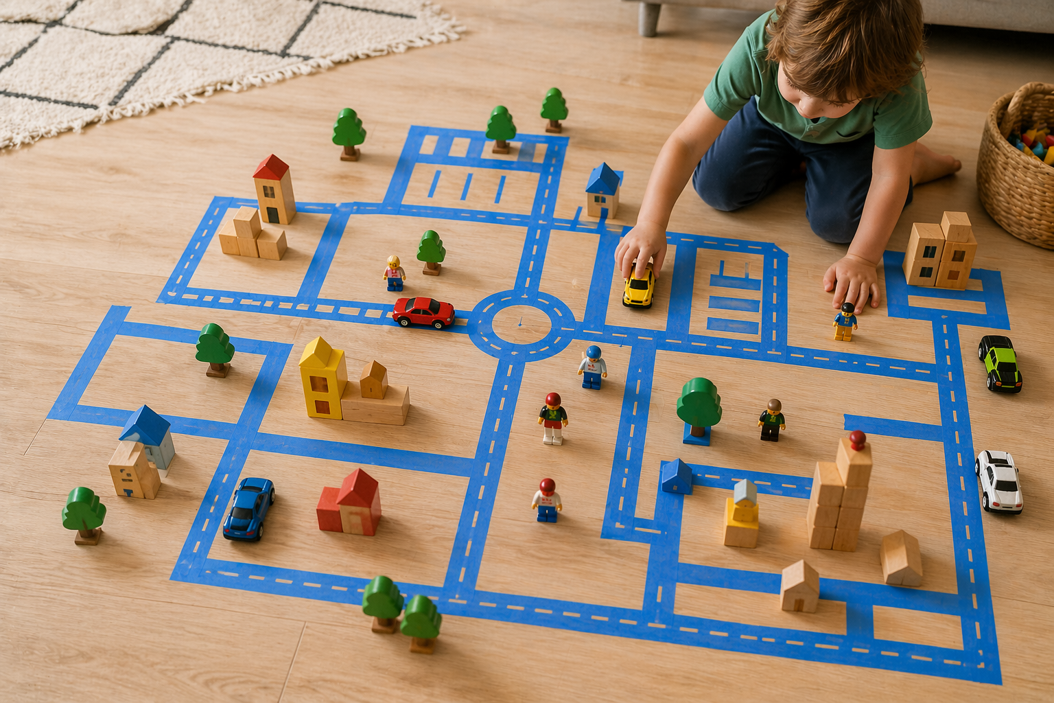 Blue painter's tape "tape town" for a toddler, with blocks and cars