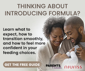 Mom, Dad holding baby with the headline, Thinking about introducting formula?