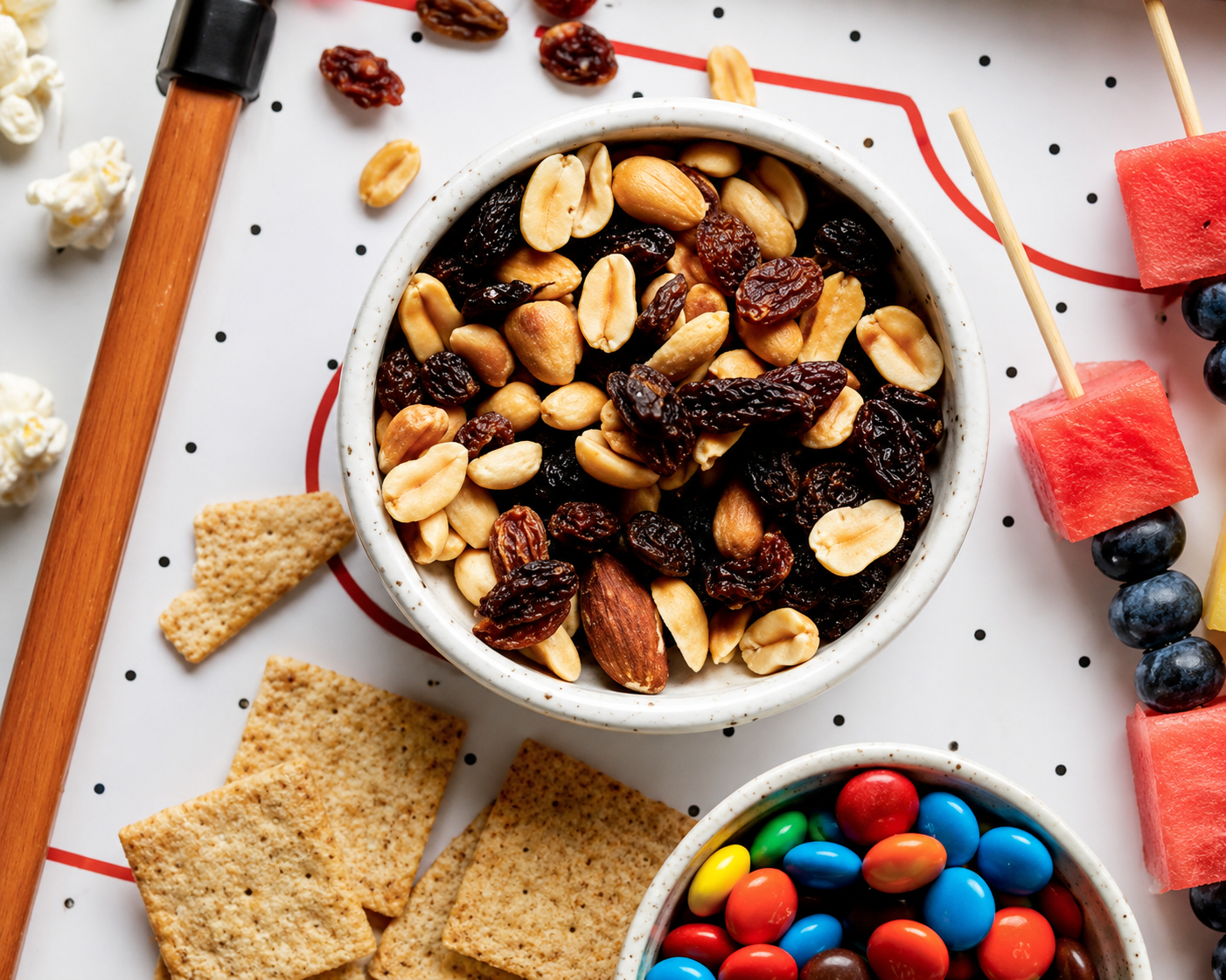 Tasty trail mix in a white ramekin with M&Ms and fruit on the side