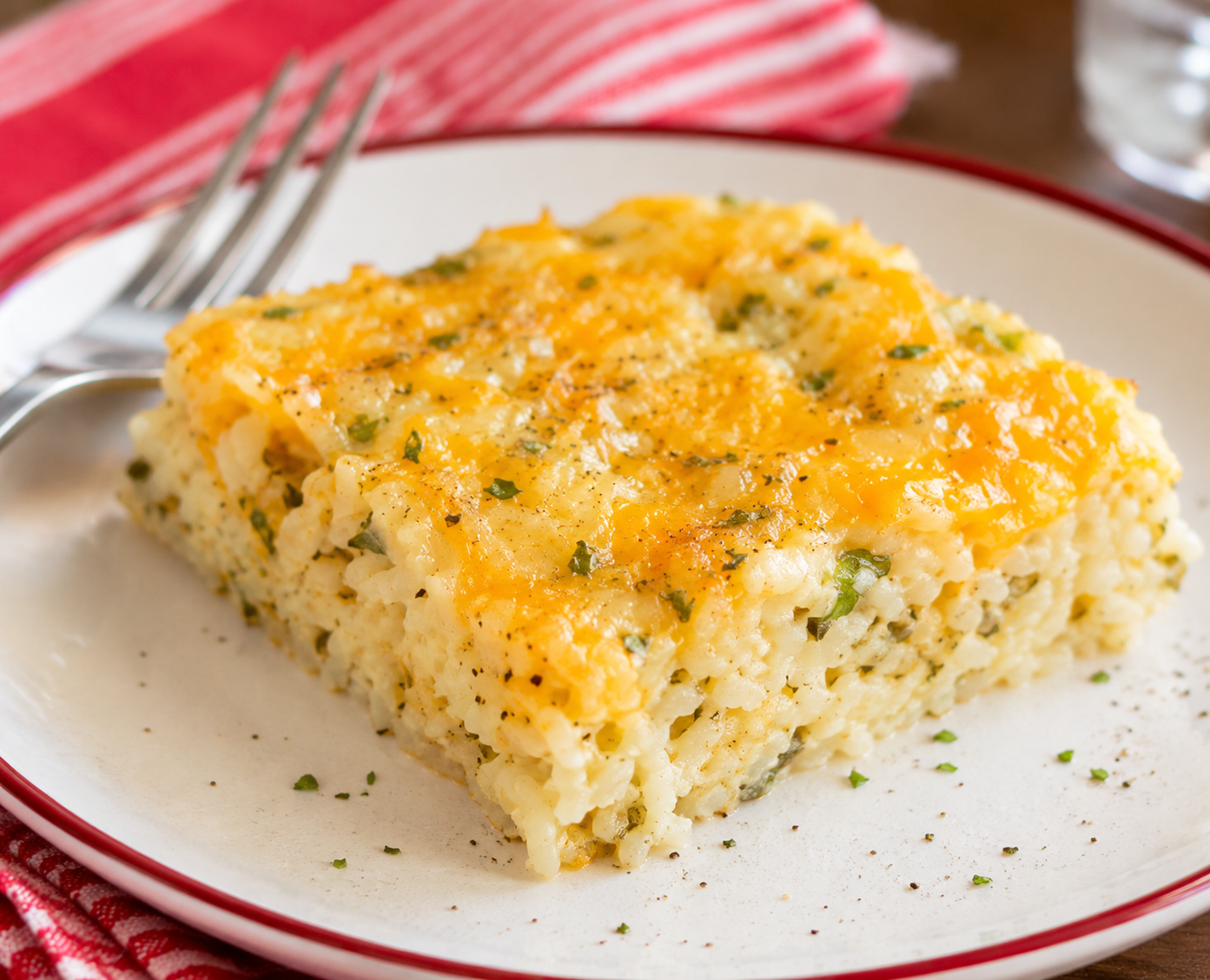 Baked cheesy rice casserole with parsley on a red-rimmed white plate