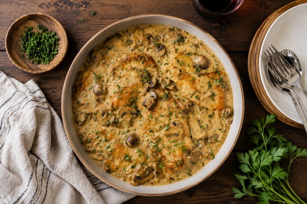 Chicken marsala in a white bowl with parsley on the side