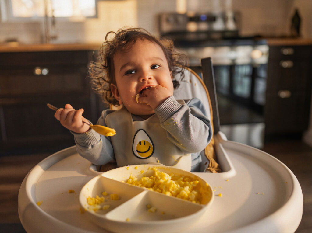 Baby eating eggs. Safely introduce eggs to your baby.