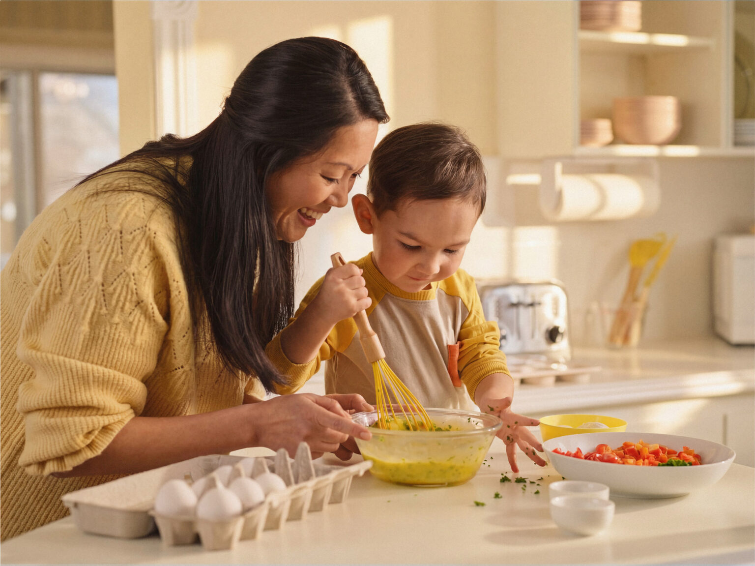Easier mealtimes with kids - boy whisking eggs.