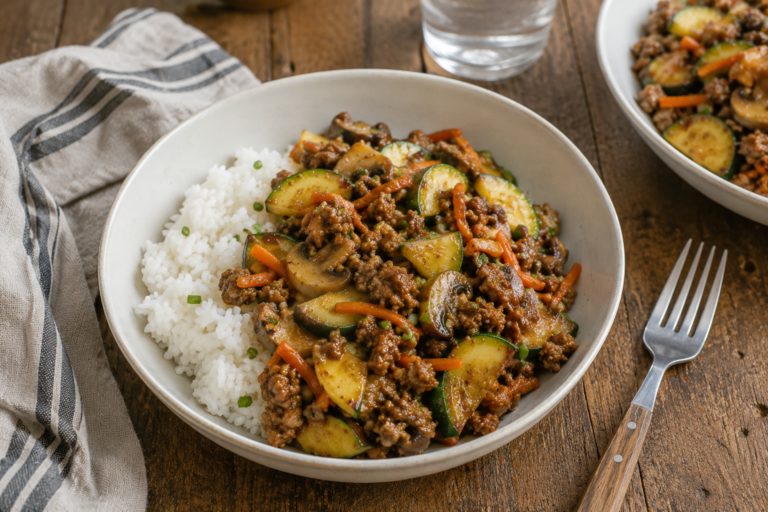 Ground beef and veggie stirfry in a white bowl, with a fork and napkin beside