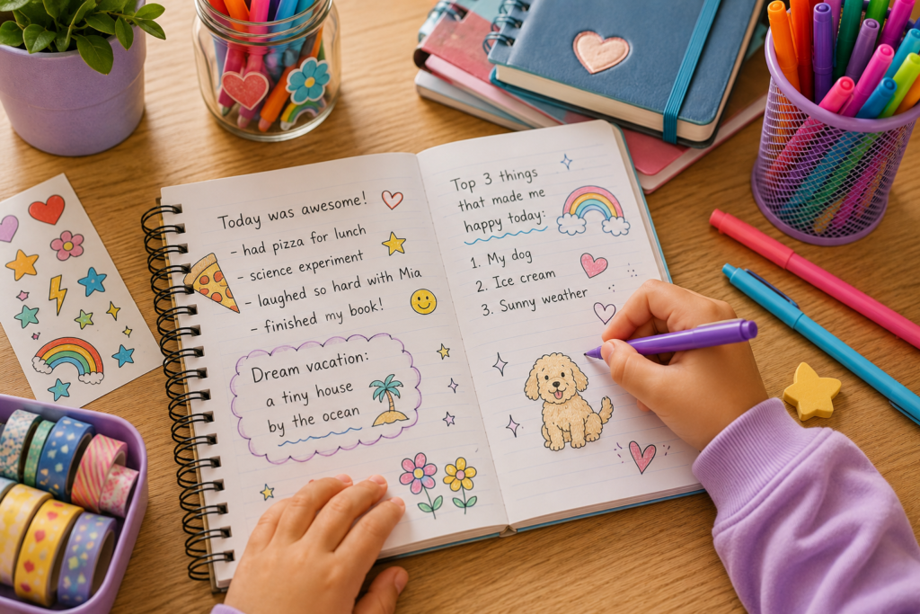 Child writing and doodling in a journal, using journal prompts