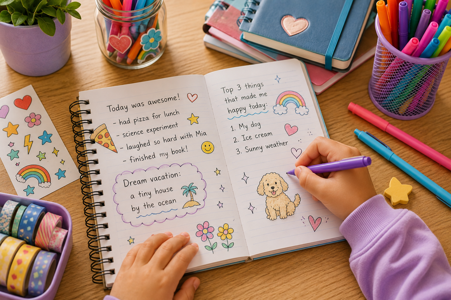 Child writing and doodling in a journal, using journal prompts