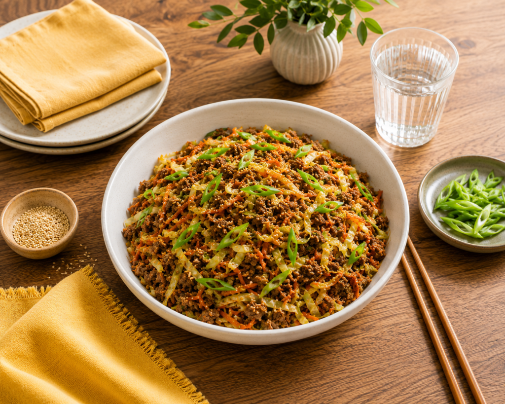 Egg roll-in-a-bowl in a white bowl with chopsticks on the side