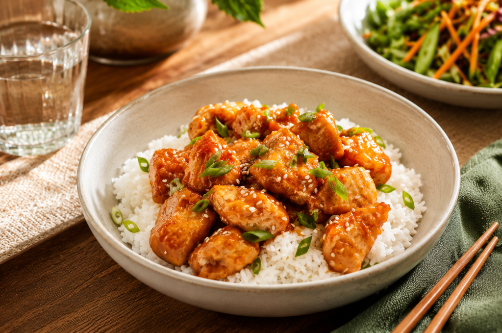 Honey-garlic chicken served over rice in a white serving bowl