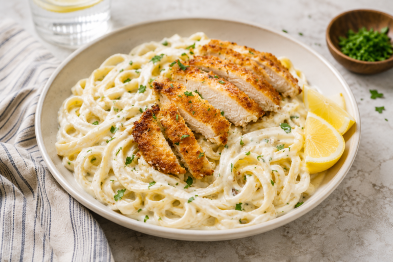 Breaded lemon chicken on creamy pasta, for lemon chicken pasta