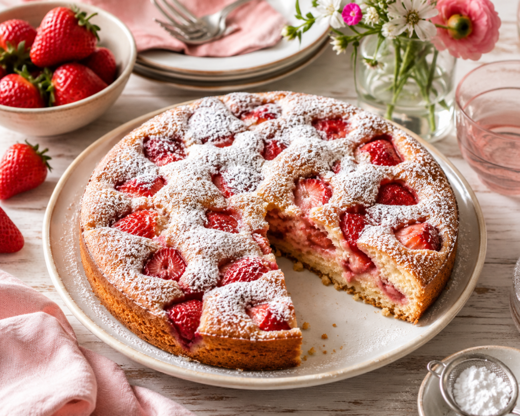 Strawberry vanilla cake on a white serving dish with pink napkins and flowers in the background