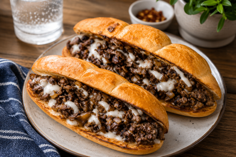Philly cheesesteak sandwiches on a white plate