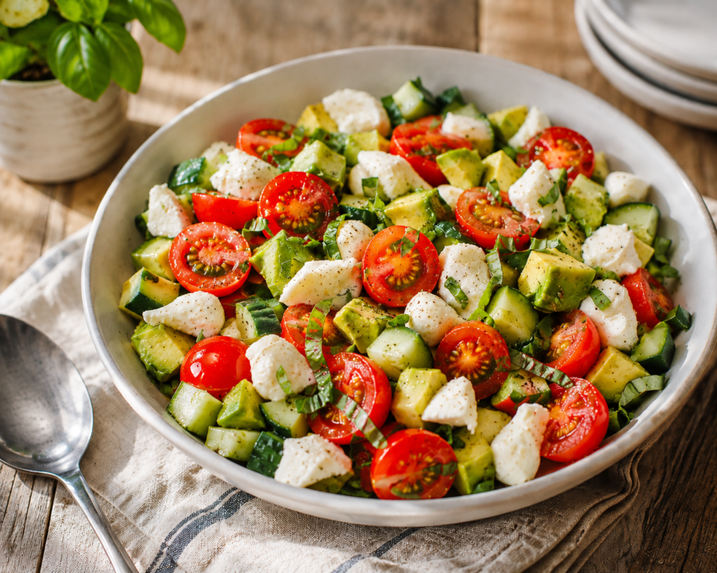 Tomato, cucumber and mozzarella salad in a large white bowl
