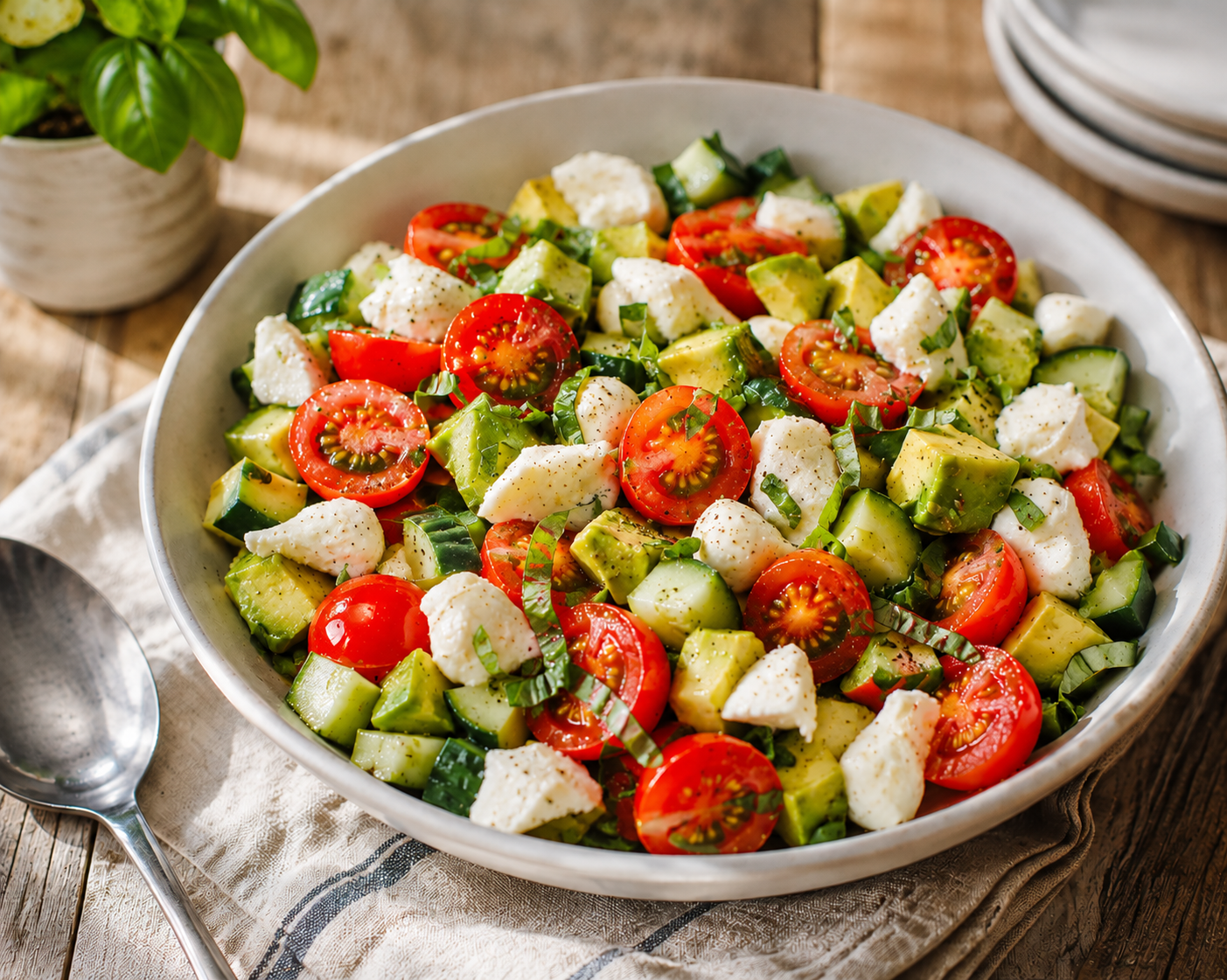 Tomato, cucumber and mozzarella salad in a large white bowl