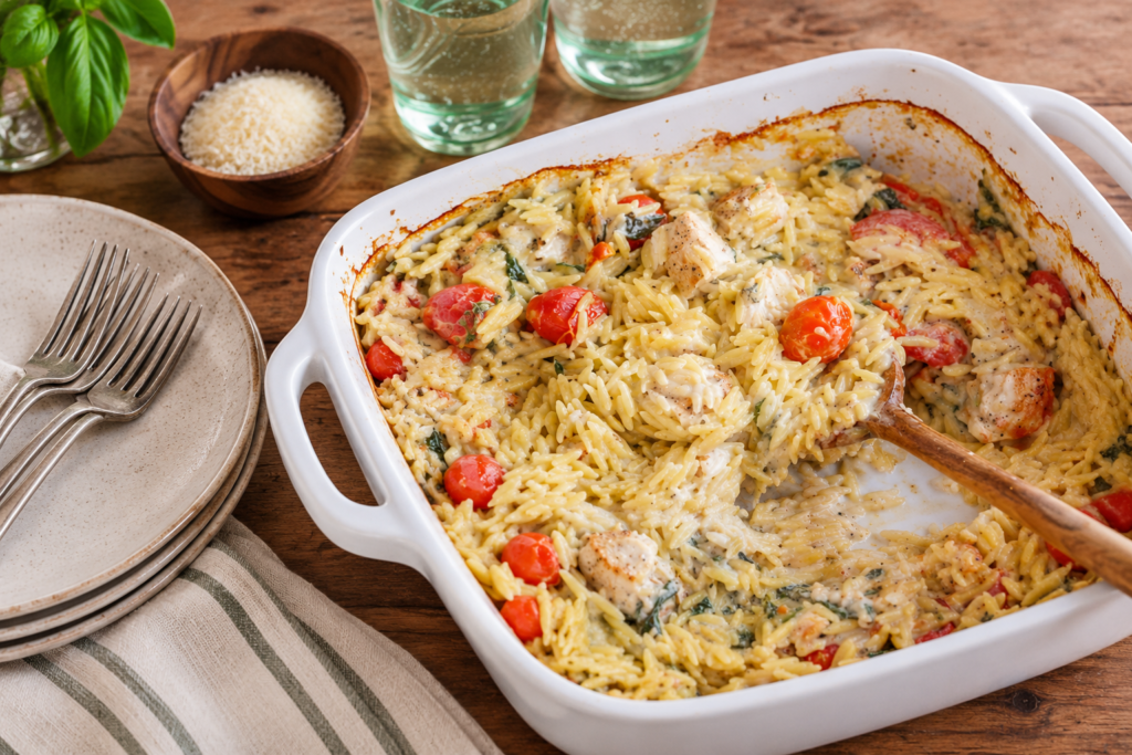 One-pan chicken orzo bake on a table with a striped napkin and a stack of plates with forks on top