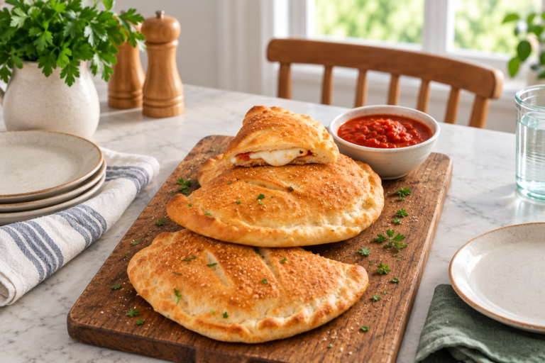 Easy calzones on a cutting board in the centre of a dinner table